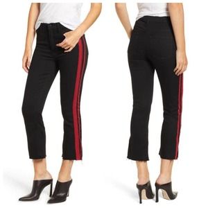 Pam & Gela Jeans Womens 27 Black Red Cropped Frayed Casual Tuxedo Stripe Raw Hem